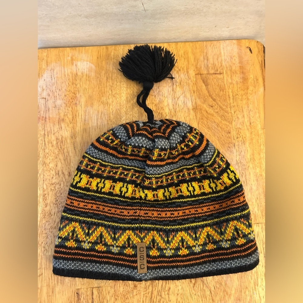 Columbia Children's Knit Geometric Pom Beanie Hat in Black, Yellow & Orange